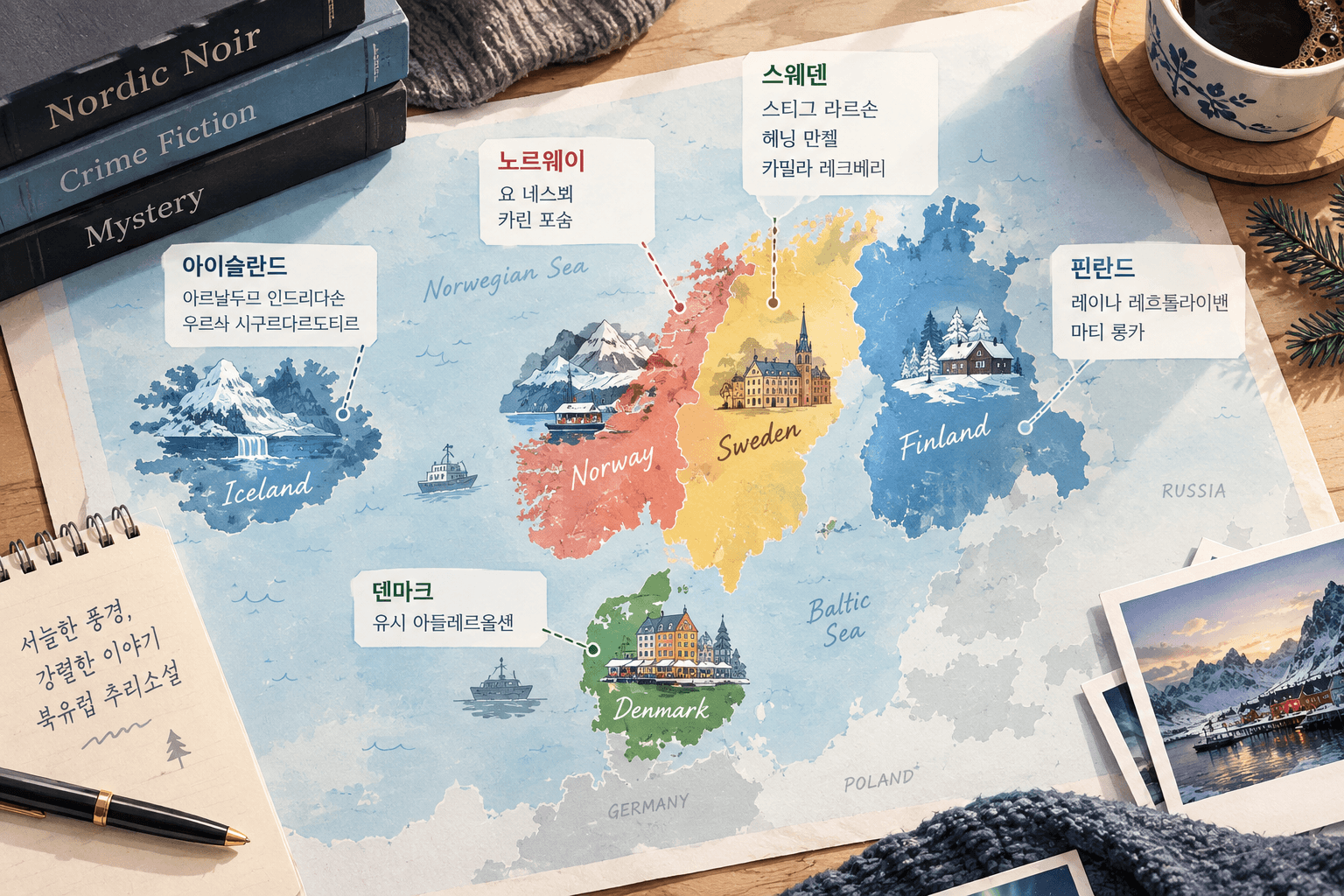 북유럽 추리소설 지도와 책상 풍경